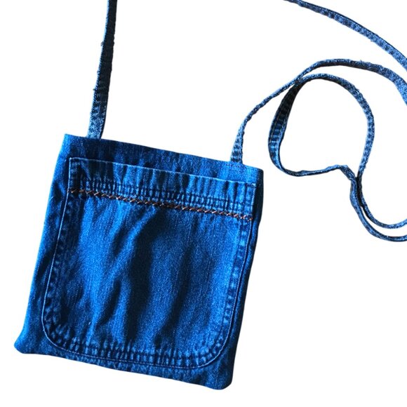 Handmade Crossbody Bag: Recycled Denim Cell Phone Holder, Autumn Painted Pumpkin - Picture 2 of 11